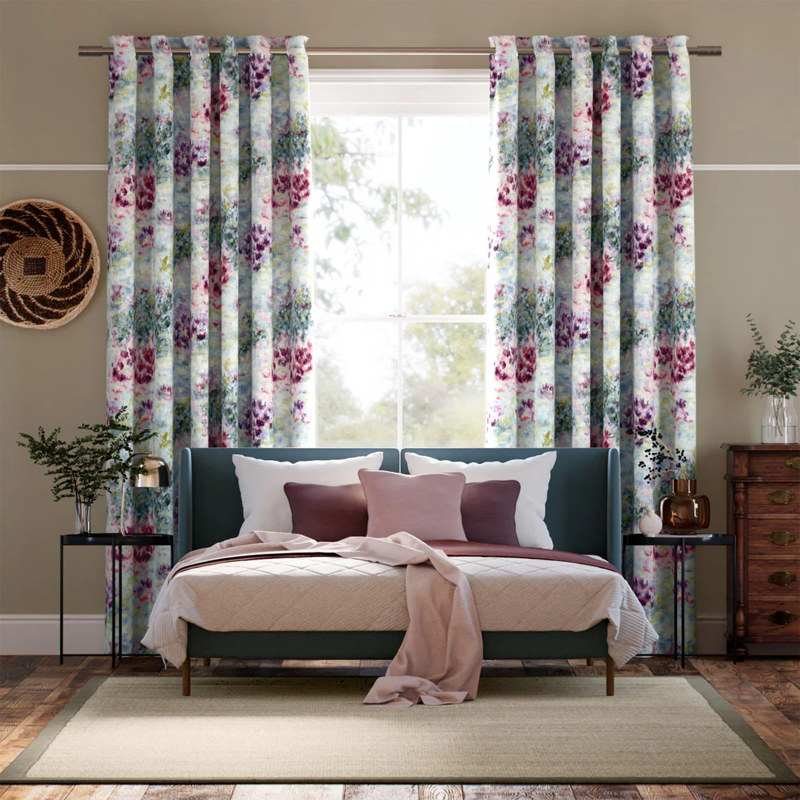 Fiore Soft Blue Magenta Curtains