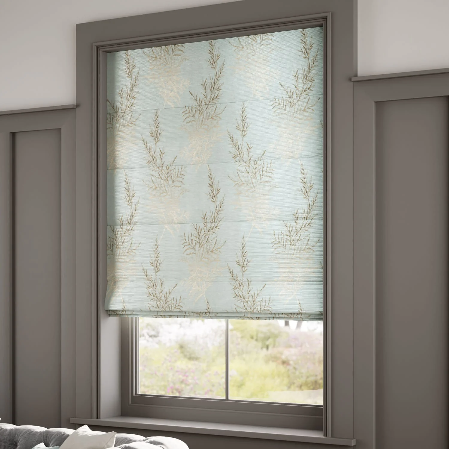 Moonlit Fern Faux Silk Pastel Blue Roman Blind - Image 2