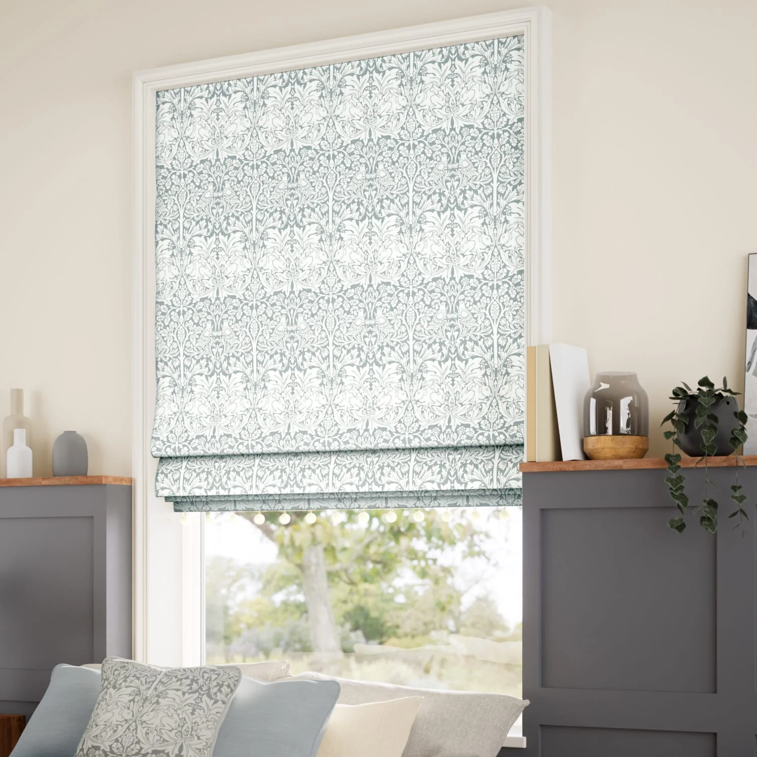 William Morris Brother Rabbit Blue Grey & Chalk Trimmed Roman Blind - Image 2
