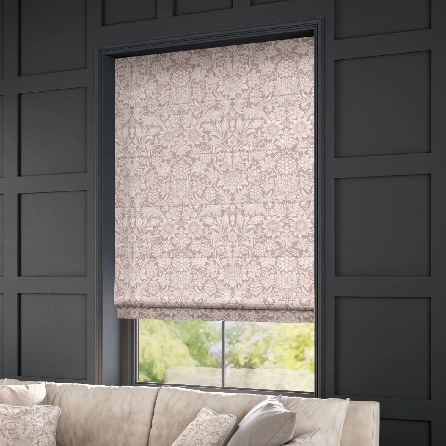 William Morris Sunflower Dusky Rose Roman Blind - Image 2